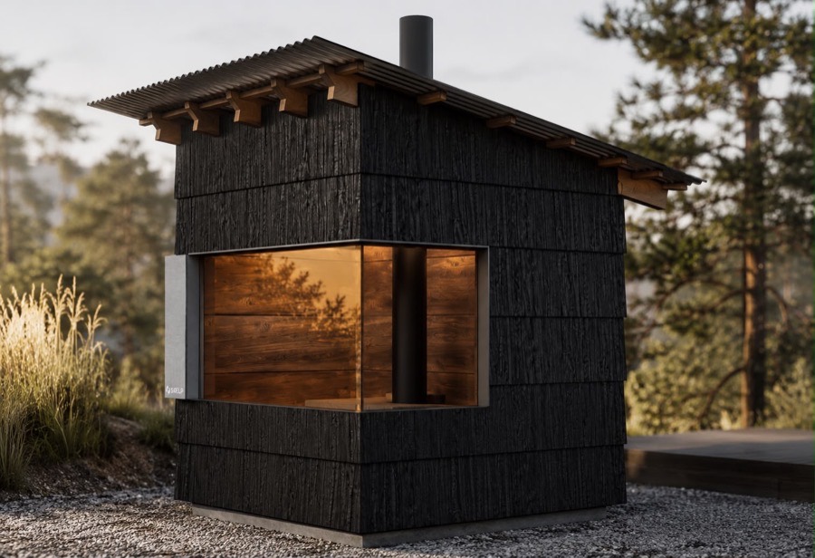 SKLP-S64, buitensauna voor 4 personen, nieuwste model met gevelbekleding in verbrand hout